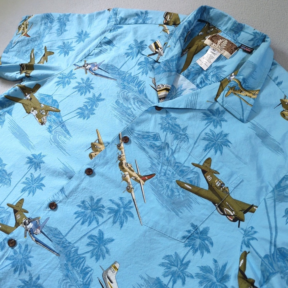 Kalaheo Mens XL Hawaiian Shirt WWII Military Airplanes Blue Cotton Rayon USA